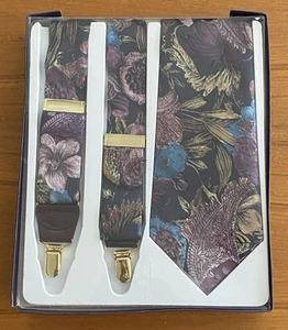 James Fairchild Tie & Suspenders purple floral theme Vtg New In Box Ships Free - Picture 1 of 4