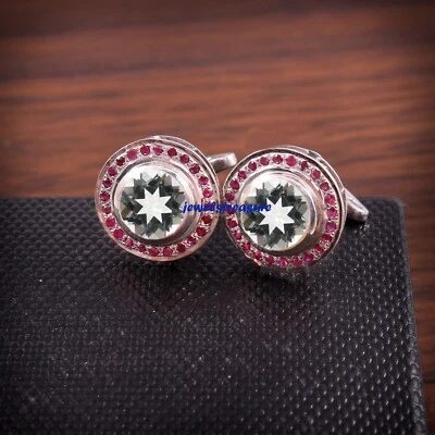 Gemas naturales de topacio blanco y rubí con gemelos de plata de ley 925 para hombre #J53 Foto 1 de 4