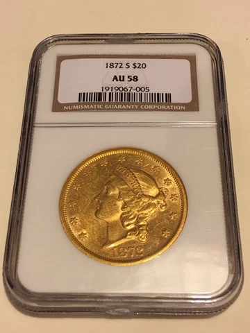 1872-S AU58 NGC $20 Liberty Double Eagle Gold Coin PQ great appeal (no PCGS) Cover