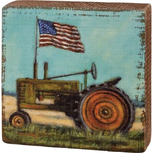 Farm Tractor With American Flag Decorative Wooden Block Sign 3.5 Inch NEW - Picture 1 of 3