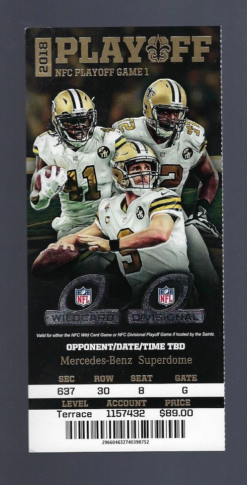 2018-2019 NFL NFC DIVISIONAL PLAYOFFS EAGLES @ SAINTS BOLETO COMPLETO - DRAW BREES Foto 1 de 1