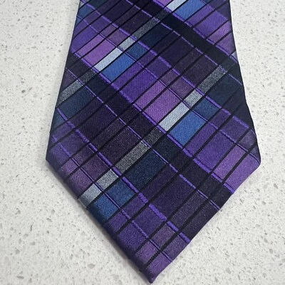 Corbata de cuello John Ashford púrpura azul negro plata a cuadros diseñador profesional Foto 1 de 4