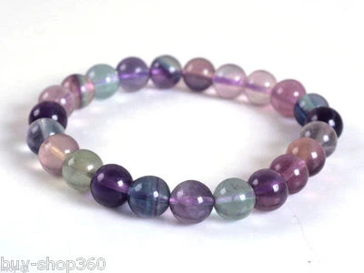Genuine 8mm Natural Multi-color Fluorite Round Beads Stretchy Bracelet 7.5'' - Image 1 of 4