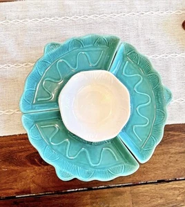 Vintage CAL USA Keramik 4-teiliges Snack-Set | seltenes komplettes Set! #485 | Türkis & Weiß - Bild 1 von 9