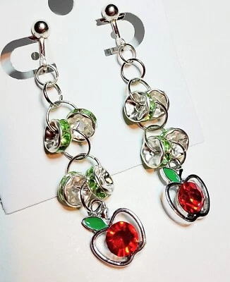 Ohrclips Clips Ohrringe silberf Strass Äpfel rot grün 6 cm lang - Bild 1 von 3