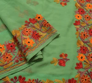 Sushila Vintage Kaschmir Stickerei Sari Kunst Georgette grün Blumen Sari Stoff - Bild 1 von 12