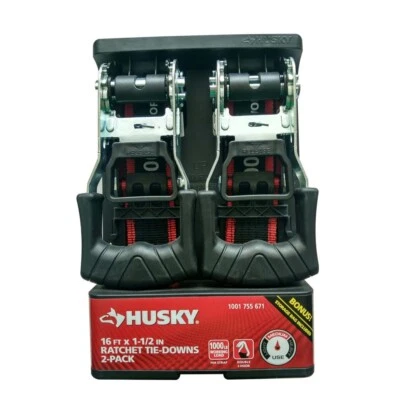 NEW HUSKY 16 ft. x 1-1/2 in. Ratchet Tie-Downs Straps (4-Pack) 1000 lb Work Load