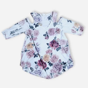Gaze USA Rose Print weiß Cold Shoulder Bluse Top Blumen Boho Chic romantisch - Bild 1 von 3