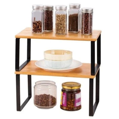 Set of 2 Bamboo Kitchen Counter Cupboard Shelf Organiser Shelves Spice Rack - Image 1 of 4