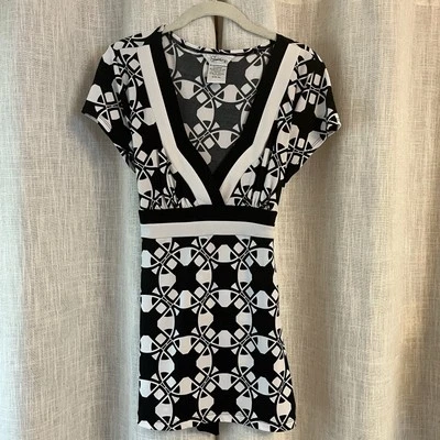 VTG Y2k Babydoll Top Women’s XL Black White Geometric Stretch Retro Boho Whimsy - Image 1 of 4