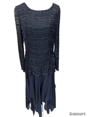 Vestido Cassini Negro Corbata Oleg Talla 14 Azul Marino Con Cuentas Manga Larga Forrado Cremallera Trasera Foto 1 de 4