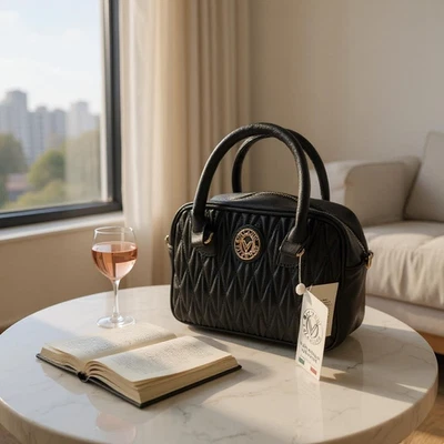 Valentino Orlandi Black Quilted Leather Zip Crossbody East West Handbag Purse - Image 1 of 4