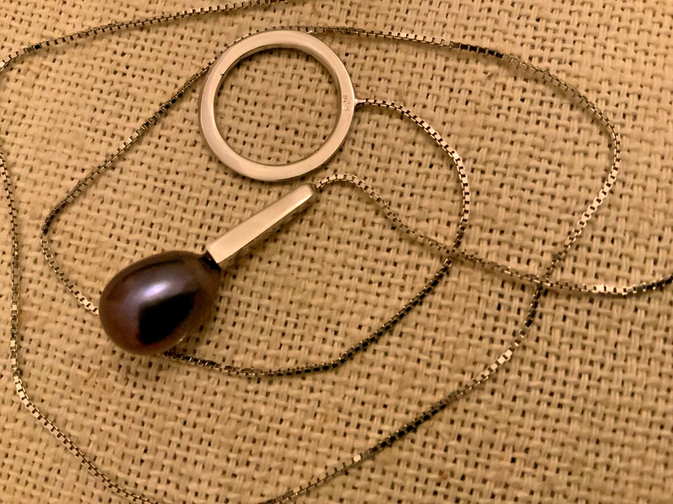 black tahitian cultured pearl 925 sterling silver MCM Lariat adjustable necklace - Image 1 of 4