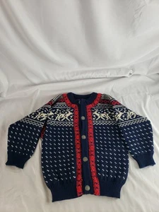 Vintage Dale of Norway 100% Wool Cardigan Reindeer Navy Red Youth Large - Picture 1 of 15