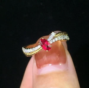 Simulated Red Ruby & White Moissanite Women Anniversary Ring In 10K Yellow Gold - Picture 1 of 7