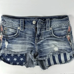 Pantalones Cortos de Denim Miss Me Signature Talla 24 Bandera Americana Bolsillos Envejecidos Para Mujer - Imagen 1 de 13