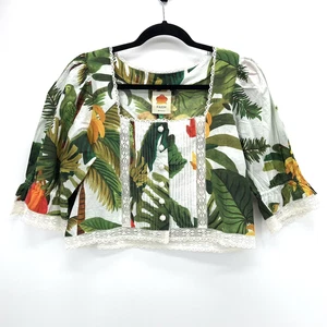 Farm Rio White Cocoa Forest Blouse Puff Sleeve Crochet Size S Tropical Boho NWT - Picture 1 of 7