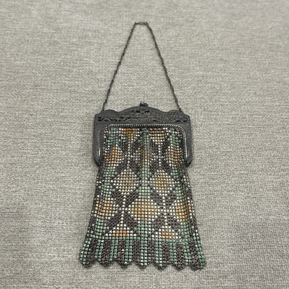 1920 年代 WHITING & DAVIS 艺术装饰设计五颜六色的网眼袋钱包翻盖 — 第 1/4 张图片