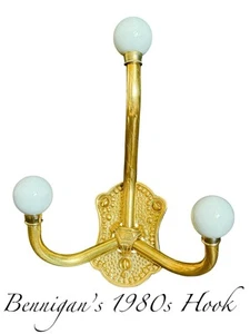 Polished Solid Brass Towel Coat Triple 3 White Porcelain Prong Hook Wall Hanger - Picture 1 of 2
