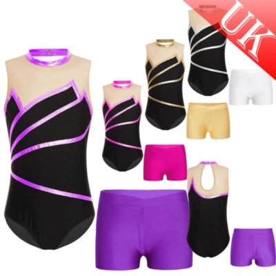 UK Girl Leotard Outfit Sleeveless Keyhole Back Gymnastic Bodysuit Unitard&Shorts - Image 1 of 4