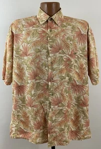 Vintage Pierre Cardin Hawaiian Shirt Men L Peach White Leaf Print Aloha Cotton - Picture 1 of 9