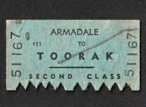 VINTAGE 1950s VICTORIAN RAILWAYS ARMADALE TO TOORAK SECOND CLASS TRAIN TICKET - Picture 1 of 2