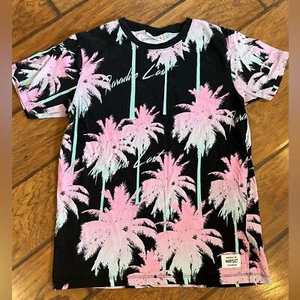 Conspiracy WESC Hawaiian Tee men’s medium black pink Bright palm trees shirt AOP - Picture 1 of 11