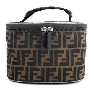 FENDI Zucca FF Canvas Vanity cosmetic Pouch Case Brown Leather Authentic - Picture 1 of 18