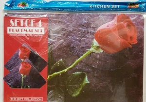 4pc Non Clear Thin Plastic Set: 2 PLACEMATS & 2 COASTERS,RED ROSE FLOWER, Mirtex - Picture 1 of 5