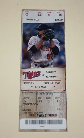 Minnesota Twins Ticket Stub | September 10 2006 | Johan Santana 77th Career Win Cover