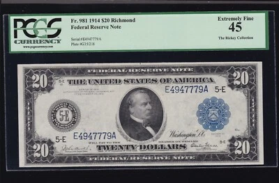 US 1914 $20 FRN Richmond Burke/Glass FR 981 PCGS 45 Ch XF (779) TOP POP! - Image 1 of 2