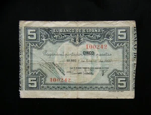 14 - SPAIN-BILBAO BANKNOTE 5 PESETAS 1937 "Civil War" Sin serie - Picture 1 of 2