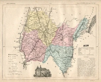 Original Original Antiguo 1877 Francia Coloreado a Mano Mapa AIN Europa Francesa - Imagen 1 de 2