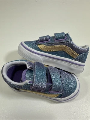 Vans Old Skool 学步儿童运动鞋蓝色紫色闪光低帮休闲鞋 4 码 — 第 1/4 张图片