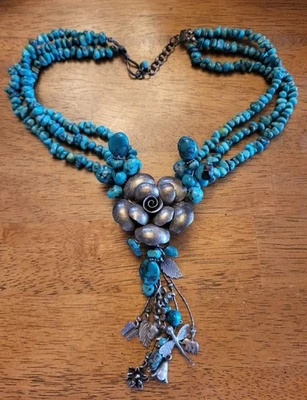 Vintage Handmade OOAK Sterling Silver & Turquoise Multi Strand Rose Necklace - Image 1 of 4