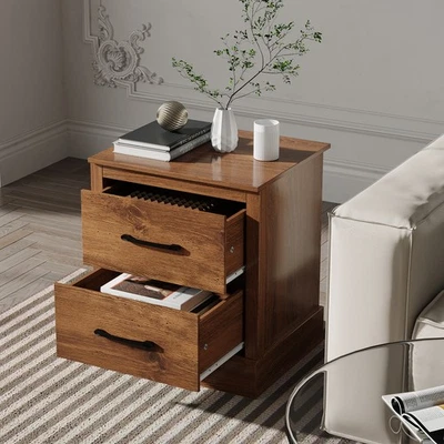 Compact Sofa End Table 2 Drawer Nightstand Bedside Table Rustic Walnut - Image 1 of 4