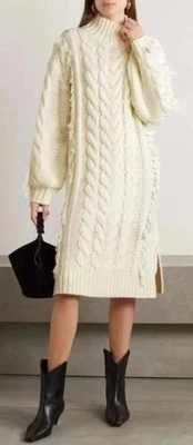 Farm Rio Midi Sweater Dress High Neck Chunky Cable Knit Fringe Ivory sz M (8-10) - Image 1 of 4