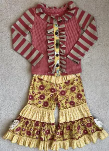 MUSTARD PIE 3T Girls Yellow/Red 2 Piece Long Sleeve Shirt/Pants Outfit EEUC - Picture 1 of 11
