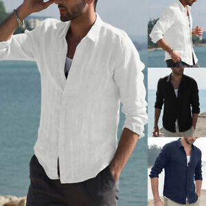 Men Baggy Cotton Linen Shirt Long Sleeve Button Down Tops Blouse  Solid Color .