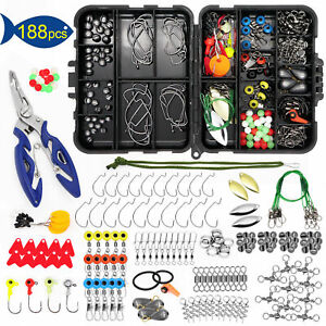 188PCS Fishing Accessories Kit set with Tackle Box Pliers Jig Hooks Swivels