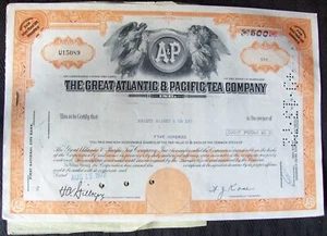 Great Atlantic & Pacific Tea Comp stock certificate. Payee Halsey Stuart & Co In - Picture 1 of 2