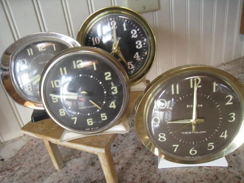 4 Vintage Wind Up Alarm Clocks Westclox 3 Baby & Big Ben's and 1 Equity Cover