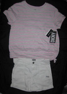 DKNY girls 12 gray & pink striped tee & white shorts set nwt tween - Picture 1 of 4