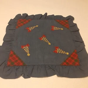 Handmade Embroidered Tartan Ruffled Zip Pillow Case Denim Tone Christmas - Picture 1 of 7