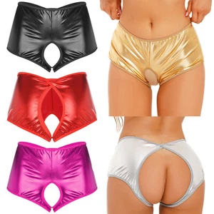 Damen Metallic Slip Offener Schritt Panty Shorts Hotpants Dessous Unterwäsche - Bild 1 von 64