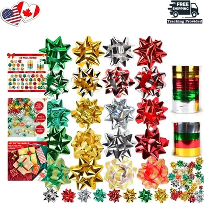 48 Self-Adhesive Gift Bows + 2 Curling Ribbons - Holiday Wrapping Essentials Foto 1 de 4