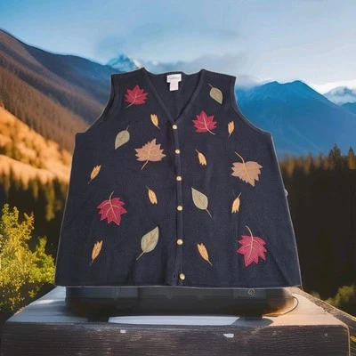 Chaleco Suéter Crystal-Kobe Mujer Grande Negro con Apliques Hojas de Otoño Abotonados Foto 1 de 4