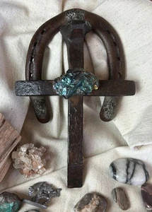 Hand-Forged Wall Cross | Railroad Spike & Horseshoe with Iridescent Mineral - Picture 1 of 13