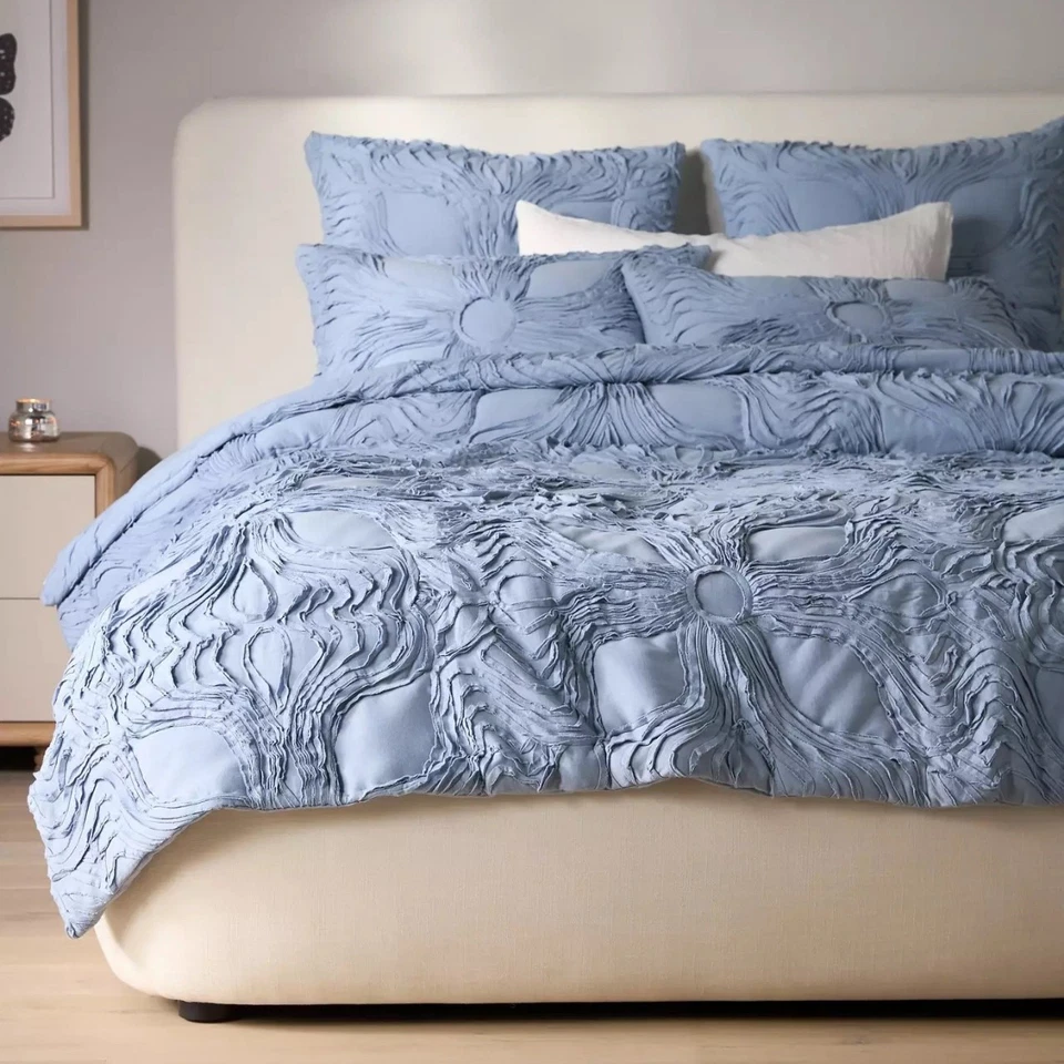 Edredón de algodón Anthropologie Stacy - King - Azul - Cosido acanalado - Nuevo con etiquetas Foto 1 de 4