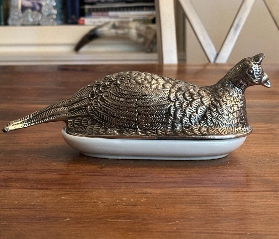 Plato de mantequilla cubierto Pottery Barn? ¿Peltre de faisán? Decoración Cerámica Godinger ¡LEER! Foto 1 de 4